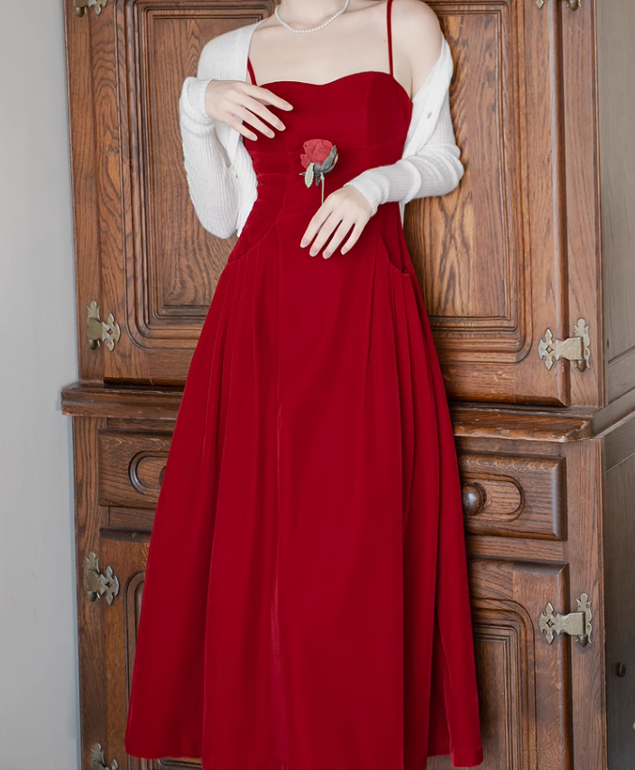 Hong Kong style retro red velvet suspender dress ED0423