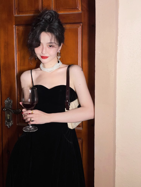 Hong Kong style retro red velvet suspender dress ED0423