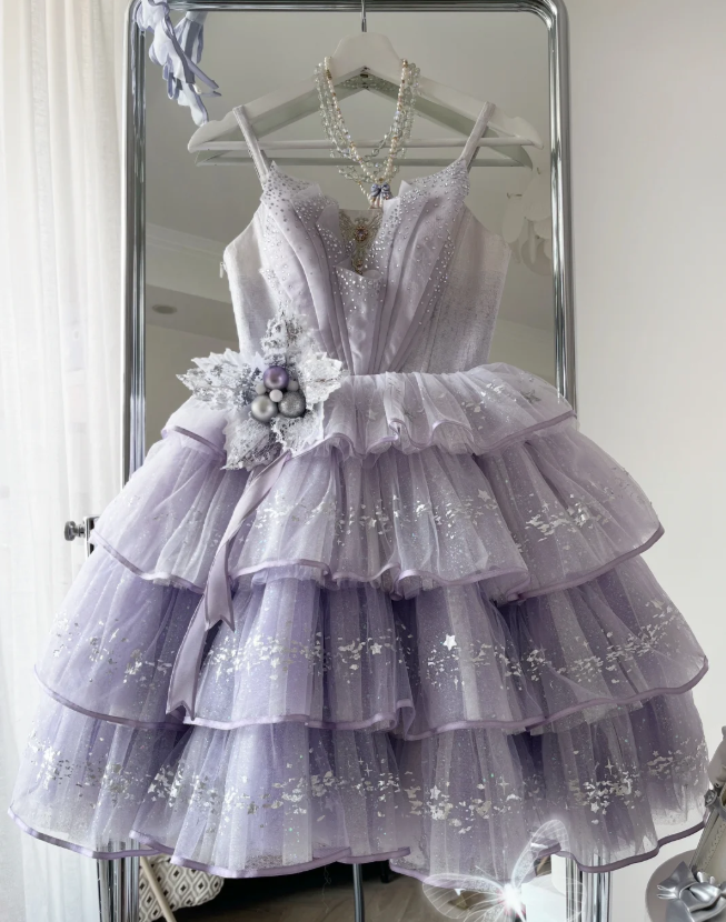 Sweet Spaghetti Strap Ball Gown Tulle Short Prom Dresses, Purple Homecoming Dresses ED04248