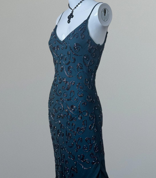 Vintage Spaghetti Strap Sheath Chiffon Beaded Long Prom Dresses, Jade Backless Formal Dresses ED04257