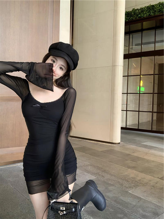 Black sexy hot girl style mesh long sleeves U-neck off-shoulder hip skirt ED0425