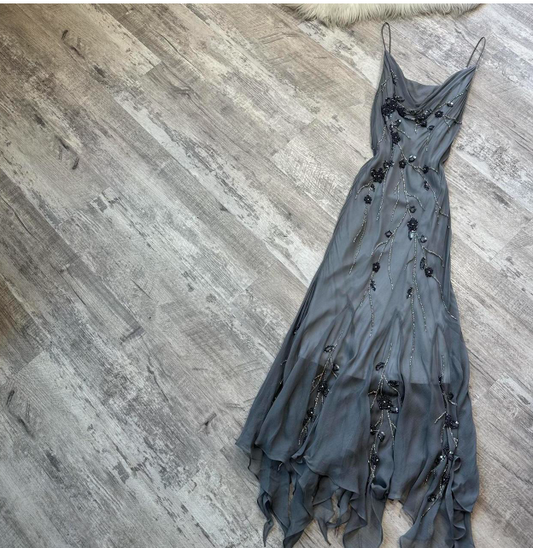 Vintage Spaghetti Strap Sheath Chiffon Beaded Long Prom Dresses, Dark Gray Formal Evening Dresses ED04260