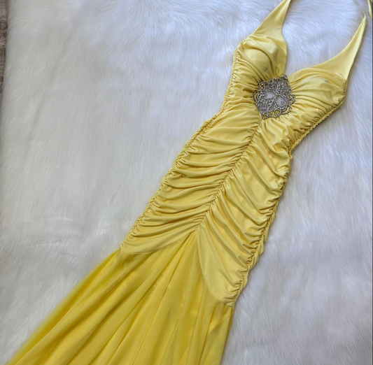 Vintage Halter Mermaid Chiffon Satin Long Prom Dresses, Yellow Formal Evening Dresses ED04263