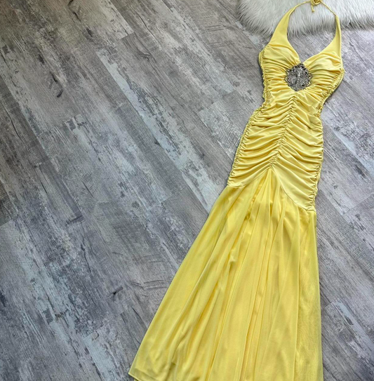 Vintage Halter Mermaid Chiffon Satin Long Prom Dresses, Yellow Formal Evening Dresses ED04263