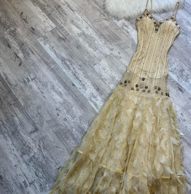 Vintage Spaghetti Strap Sheath Chiffon Beaded Long Prom Dresses, Yellow Formal Evening Dresses ED04265