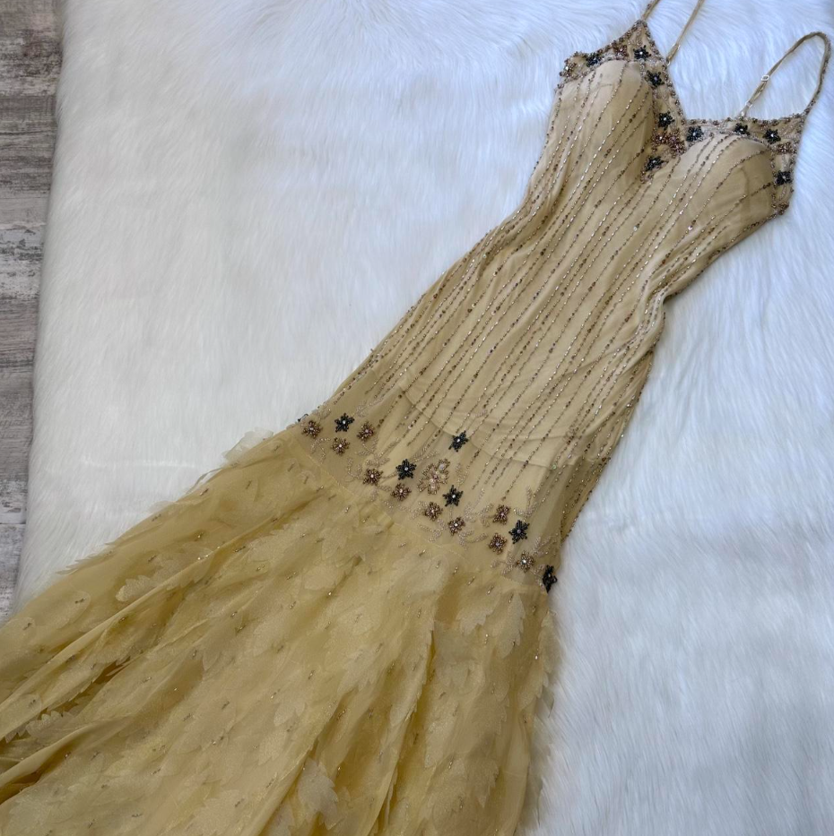 Vintage Spaghetti Strap Sheath Chiffon Beaded Long Prom Dresses, Yellow Formal Evening Dresses ED04265