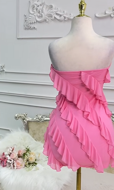Sexy Strapless Sheath Chiffon Short Prom Dresses, Pink Homecoming Dresses Birthday Dresses ED04285