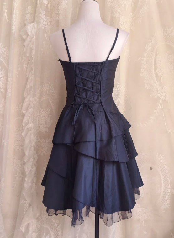 Vintage Spaghetti Straps A-line Satin Short Prom Dresses,Navy Blue Homecoming Dresses 18th Birthday Dresses ED04297