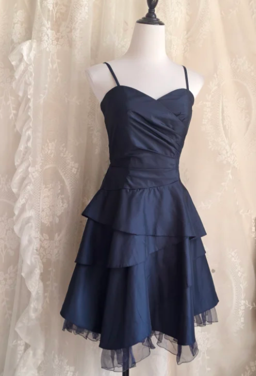 Vintage Spaghetti Straps A-line Satin Short Prom Dresses,Navy Blue Homecoming Dresses 18th Birthday Dresses ED04297