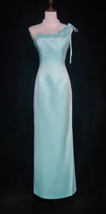 Elegant One Shoulder Sheath Satin Prom Dresses, Sky Blue Formal Dresses ED04299