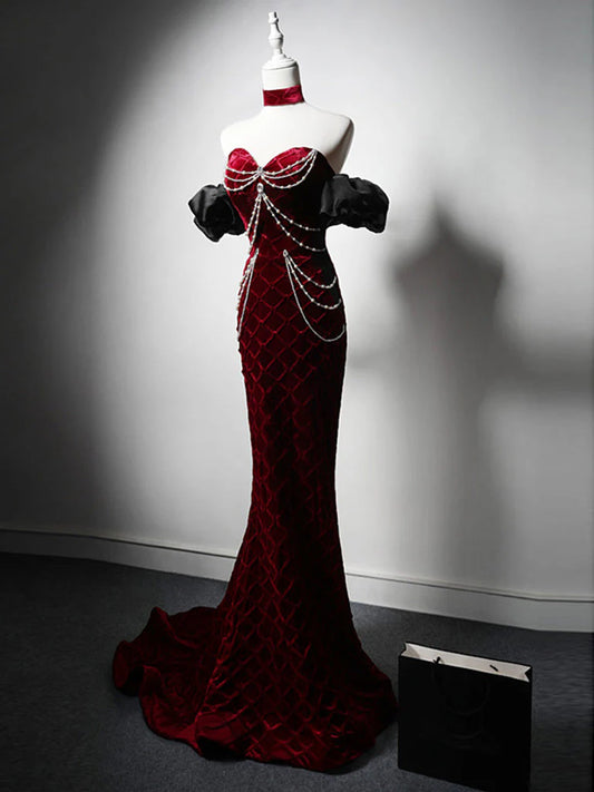 Mermaid Sweetheart Neck Velvet Beads Long Prom Dress Burgundy Wedding Guest Dress Pretty Birthday Dress ED043