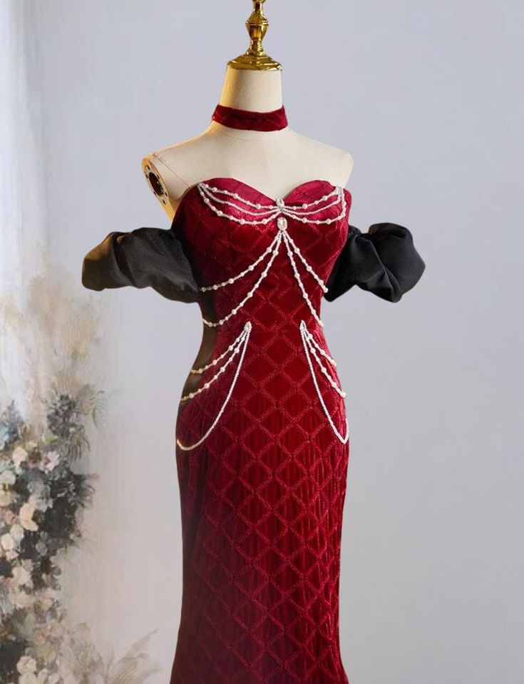 Mermaid Sweetheart Neck Velvet Beads Long Prom Dress Burgundy Wedding Dress Pretty Birthday Dress ED043