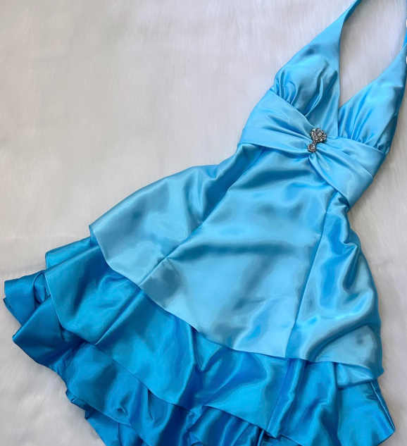 Vintage Halter A-Line Satin Short Prom Dresses, Open Back Birthday Dresses, Blue Homecoming Dresses ED04309