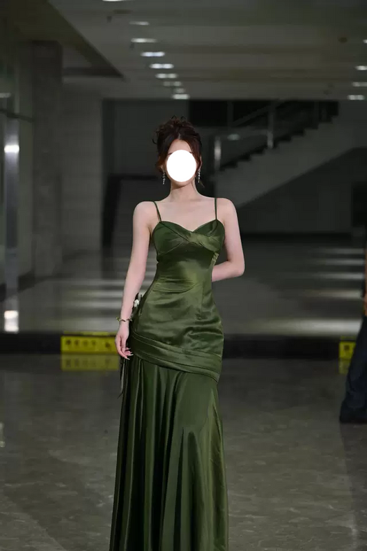 French Backless Green Satin Slip Dress ED0430