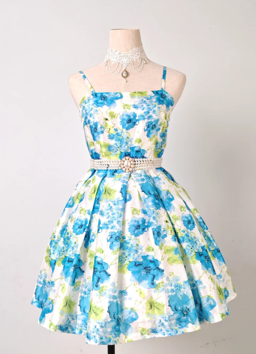 Cute Spaghetti Strap A-line Blue Homecoming Dress Floral Birthday Dresses ED04327