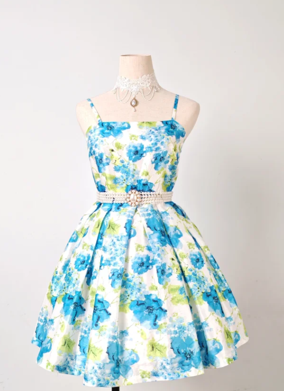 Cute Spaghetti Strap A-line Blue Homecoming Dress Floral Birthday Dresses ED04327