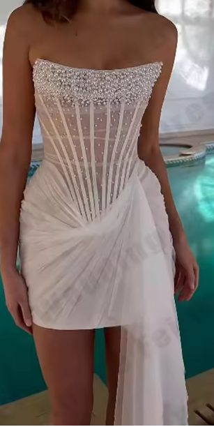 Sexy Strapless Bodycon Beaded Tulle Short Prom Dresses, White Homecoming Dresses ED04348