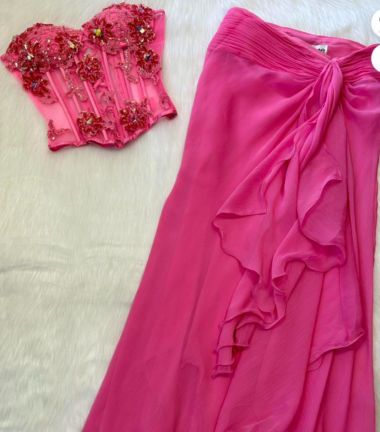 Vintage Spaghetti Straps Beaded Corset Sheath Chiffon Two-Piece Short Prom Dresses ED04360