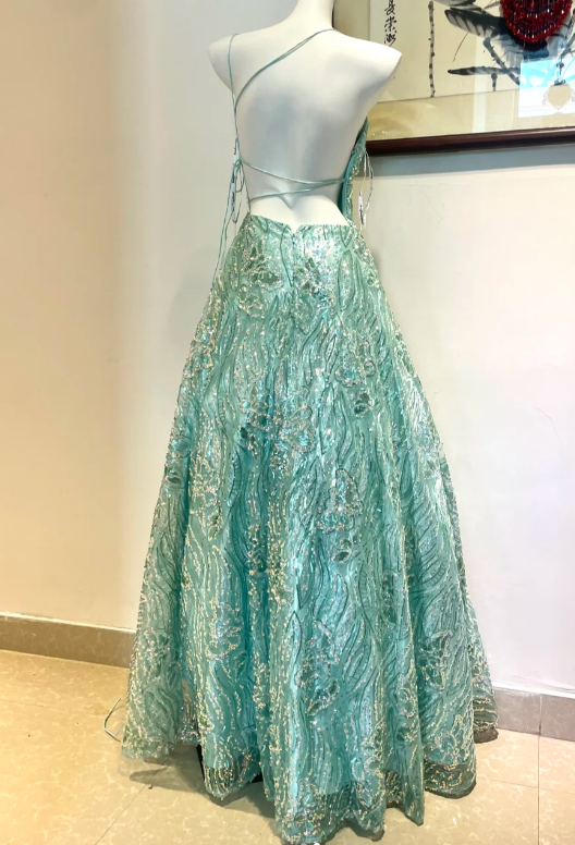 Vintage Blue Spaghetti Strap A-Line Long Prom Dresses, Backless Formal Dresses ED04361
