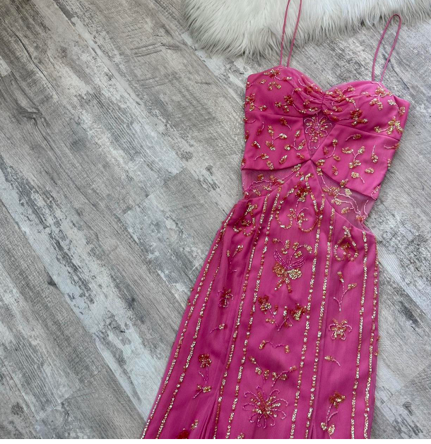 Vintage Spaghetti Strap Sheath Beaded Chiffon Long Prom Dresses, Hot Pink Formal Evening Dresses ED04365