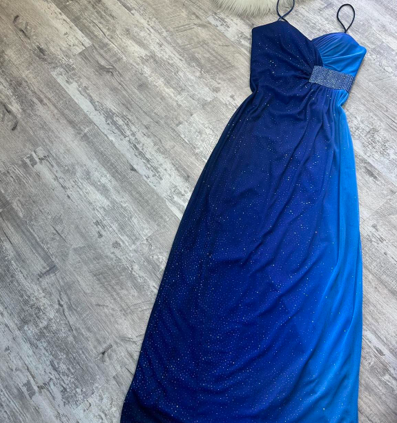 Sparkly Spaghetti Strap Sheath Chiffon Long Prom Dresses, Blue Formal Evening Dresses ED04366