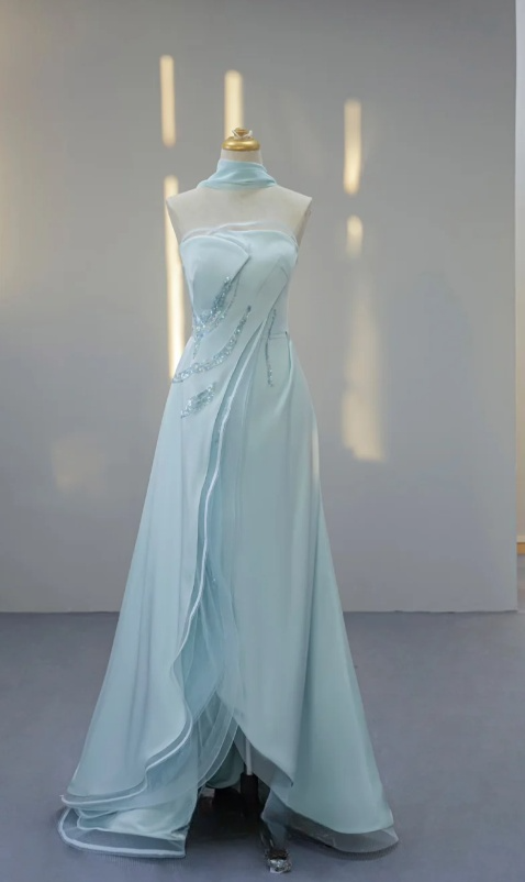 Glam Strapless A-line Satin Long Prom Dresses, Pale Blue Formal Evening Dresses ED04377