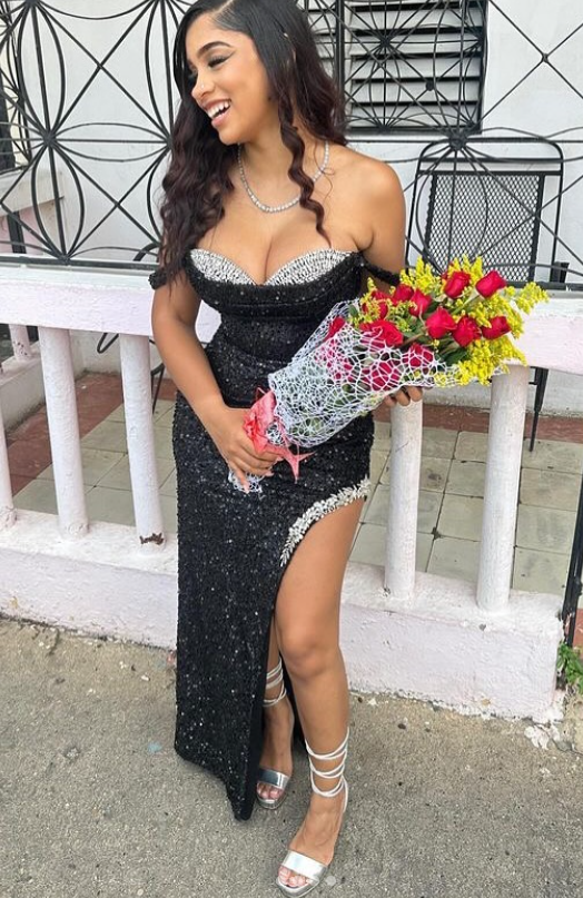 Sexy Off Shoulder Sheath Sequined Long Prom Dresses With Slit, Black Formal Dresses ED04379