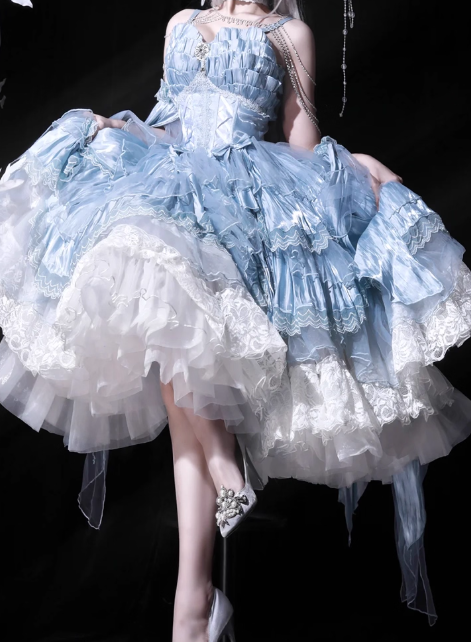 Sweet Straps Ball Gown Lace Tulle Birthday Dresses Cute Blue Lolita Dresses ED04380