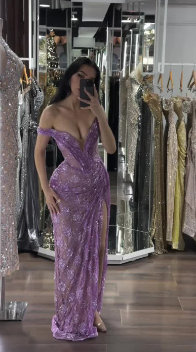 Chic Off-Shoulder Sheath Tulle Applique Long Prom Dresses, Purple Evening Dresses with Slit ED04384
