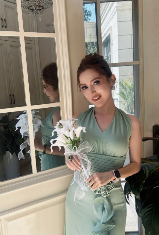 Glam V-Neck Sheath Ruffle Wedding Guest Dresses, Green Evening Dresses ED04389