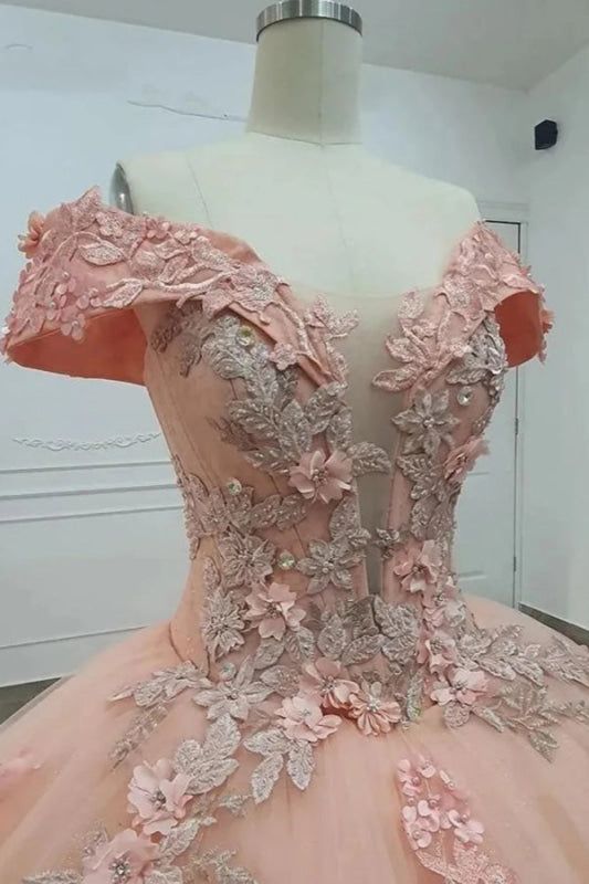 Cute Off-the-shoulder Ball Gown Tulle Applique Long Prom Dresses Quinceanera Dresses Pink Sweet 16 Dresss ED04396