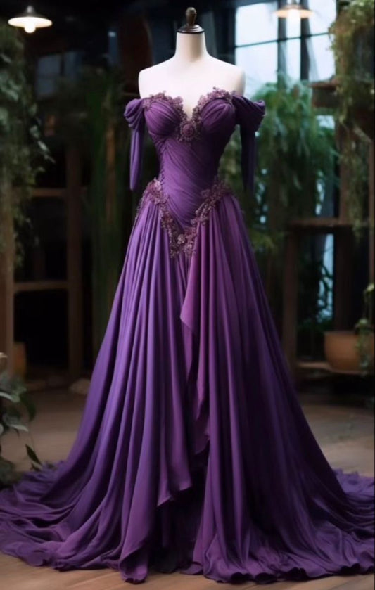 Fairy Sweetheart Neck Sheath Chiffon Applique Long Prom Dresses Purple Sweet 16 Dress ED04397
