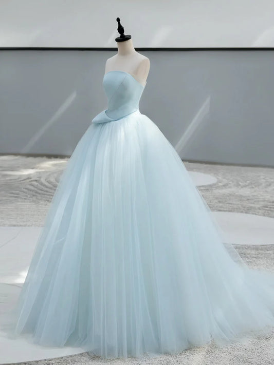 A-Line Satin Tulle Blue Long Prom Dress, Blue Long Formal Dress ED044