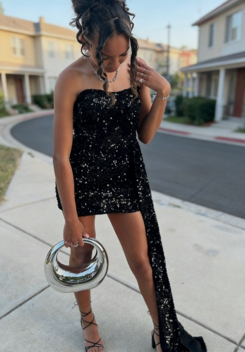 Sexy Sequin Birthday Dresses Strapless Bodycon Chiffon Short Prom Dresses Sequin Birthday Dresses Black Homecoming Dresses ED04410