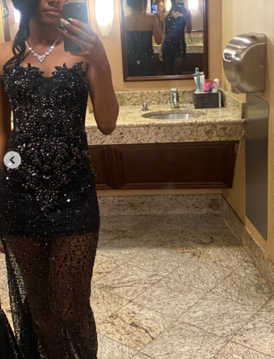 Sexy Strapless Sheath Long Prom Dresses with Appliques Tulle Black Formal Dresses ED04411