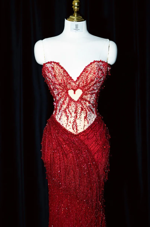 Fairy Sweetheart Mermaid Long Prom Dresses Beaded Tulle Evening Dresses Burgundy Formal Dresses ED04420