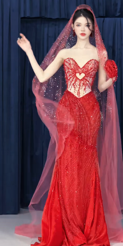 Fairy Sweetheart Mermaid Long Prom Dresses Beaded Tulle Evening Dresses Burgundy Formal Dresses ED04420