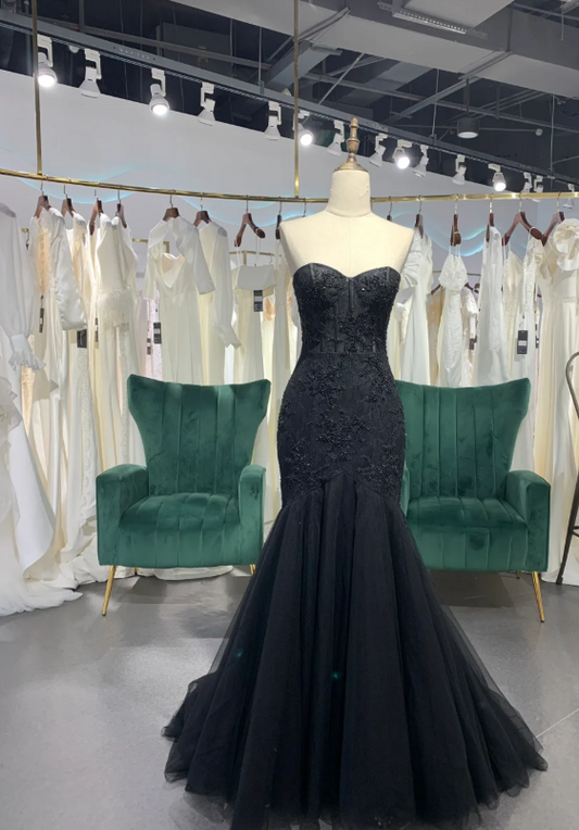 Modest Sweetheart Neck Mermaid Long Prom Dresses, Tulle Beaded Evening Dresses, Black Formal Dresses ED04421