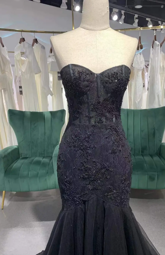 Modest Sweetheart Neck Mermaid Long Prom Dresses, Tulle Beaded Evening Dresses, Black Formal Dresses ED04421