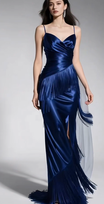 Modest Spaghetti Strap Sheath Long Prom Dresses Satin Navy Blue Evening Dresses ED04422
