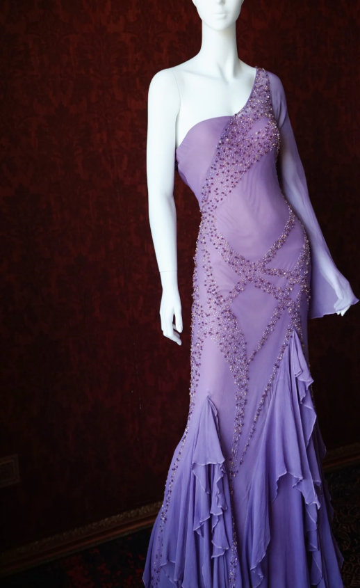 Vintage One Shoulder Sheath Long Prom Dresses,Beaded Chiffon Purple Formal Dresses ED04424