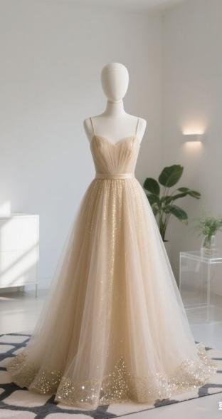 Sparkly Spaghetti Strap Tulle A-Line Prom Dresses Champagne Long Formal Dresses ED04450