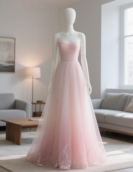 Cute Spaghetti Strap A-line Long Prom Dresses Tulle Pink Formal Dresses ED04454