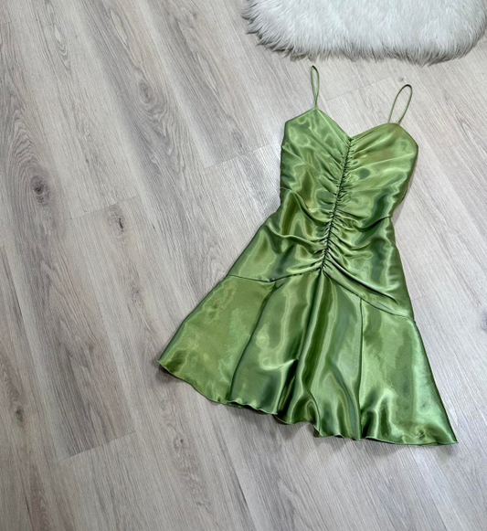 Vintage Sheath Green Hoco Dresses Satin Spaghetti Strap Short Prom Dresses ED04460