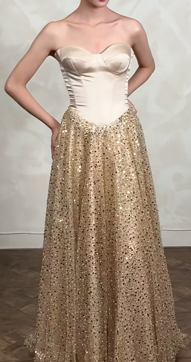 Chic Strapless Sheath Long Prom Dresses, Sparkly Sequined Tulle Gold Evening Dresses ED04470