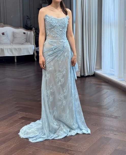 Glam Strapless Sheath Long Prom Dresses with Appliques, Lace Blue Formal Dresses ED04472