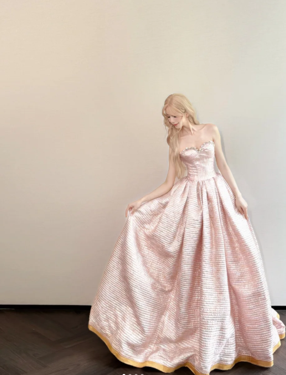 Fairy Sweetheart A-Line Long Prom Dresses, Satin Pink Long Formal Dresses Sweet 16 Dress ED04474