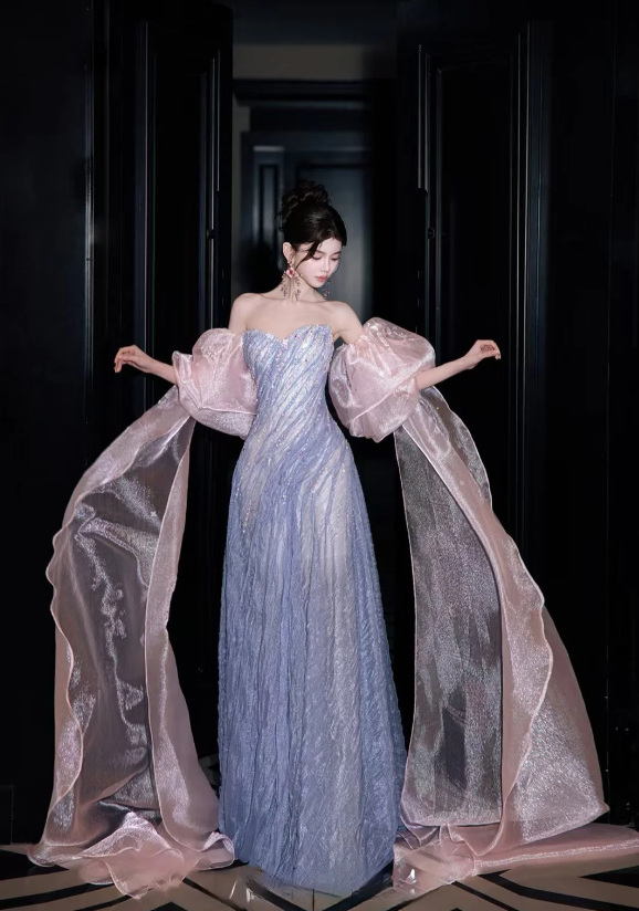 Gorgeous Strapless Sheath Long Prom Dresses, Tulle Grey Blue Formal Dresses ED04476