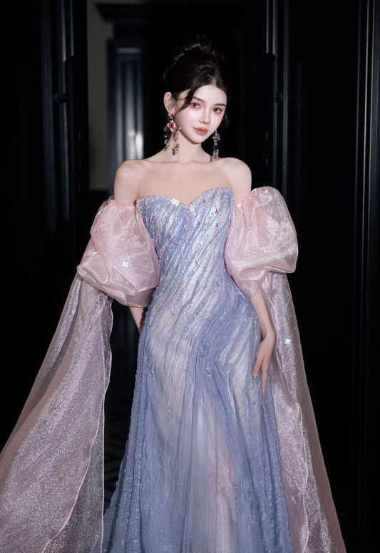 Gorgeous Strapless Sheath Long Prom Dresses, Tulle Grey Blue Formal Dresses ED04476