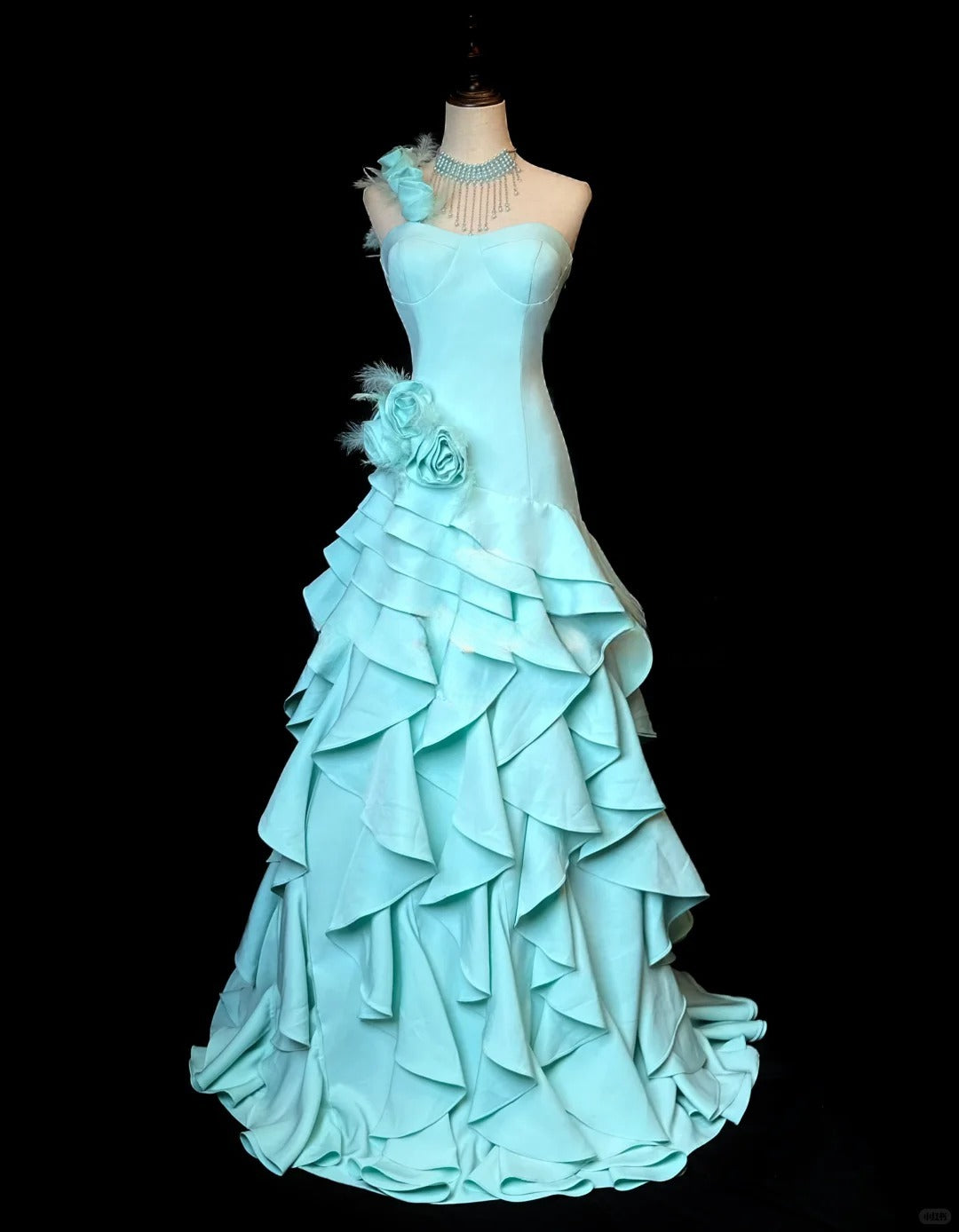 Vintage One Shoulder A-Line Long Prom Dresses, Tiered Chiffon Blue Evening Gowns ED04478